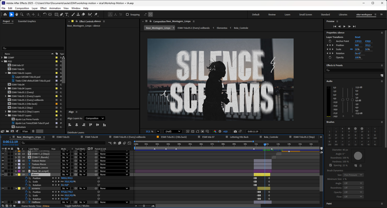 Composição da cena Silence screams aberta no After Effects